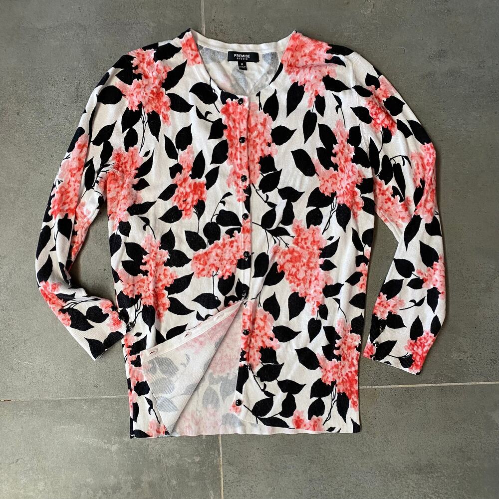Premise Studio M Pink Black Floral Print on White Cardigan
